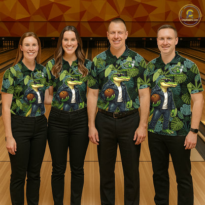 Green tropical leaf pattern Funny Alligator Bowling Shirts For Women Custom Bowling Team Jerseys NQS11744