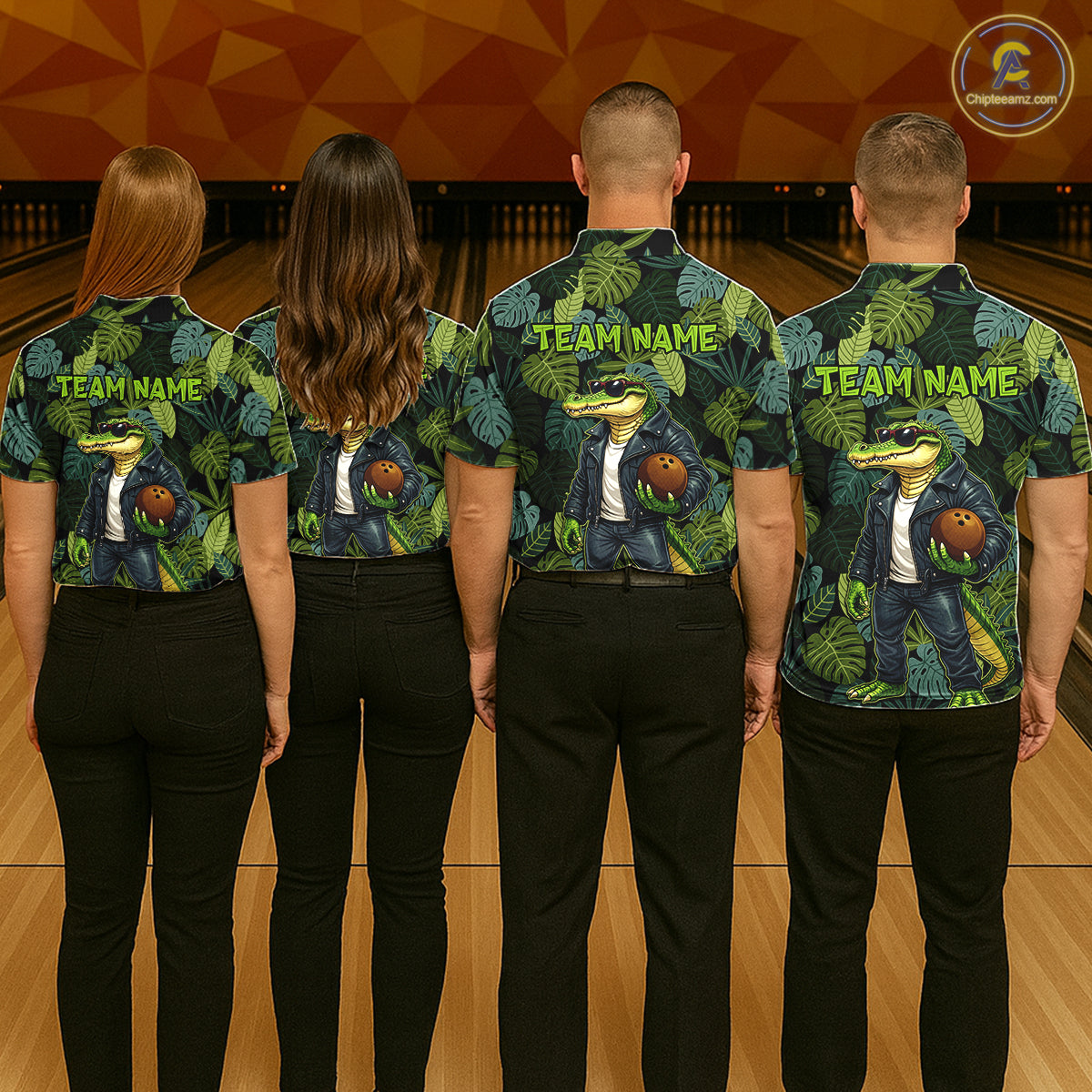 Green tropical leaf pattern Funny Alligator Bowling Shirts For Women Custom Bowling Team Jerseys NQS11744