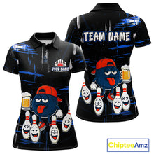 Load image into Gallery viewer, Custom Black And Blue Funny Beer Bowling Women Polo, Quarter Zip Shirts, funny bowling shirts NQS11488