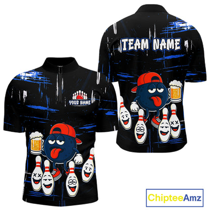 Custom Black And Blue Funny Beer Bowling Men Polo, Quarter Zip Shirts, funny bowling shirts NQS11488