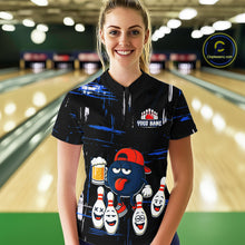 Load image into Gallery viewer, Custom Black And Blue Funny Beer Bowling Women Polo, Quarter Zip Shirts, funny bowling shirts NQS11488