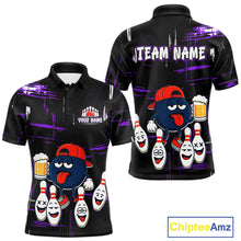 Load image into Gallery viewer, Custom Black And Purple Funny Beer Bowling Men Polo, Quarter Zip Shirts, funny bowling shirts NQS11489