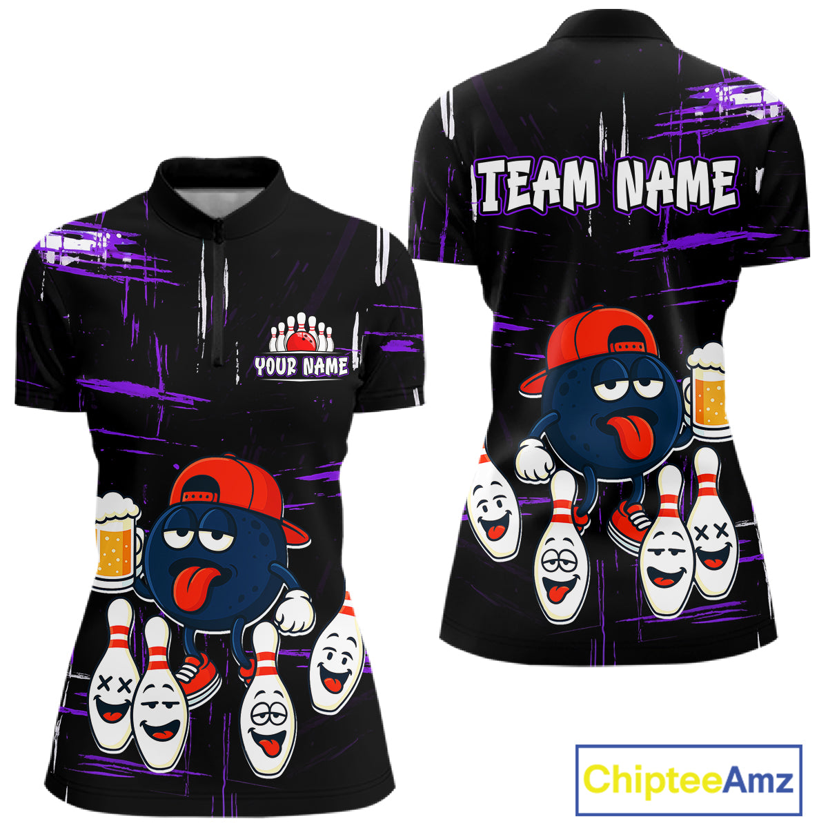 Custom Black And Purple Funny Beer Bowling Women Polo, Quarter Zip Shirts, funny bowling shirts NQS11489