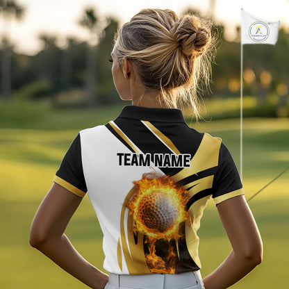 Black & White Gold Flame Women Golf Polo Shirts custom team ladies golf attire, gift for golf lovers NQS10905