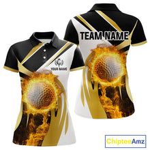 Load image into Gallery viewer, Black &amp; White Gold Flame Women Golf Polo Shirts custom team ladies golf attire, gift for golf lovers NQS10905