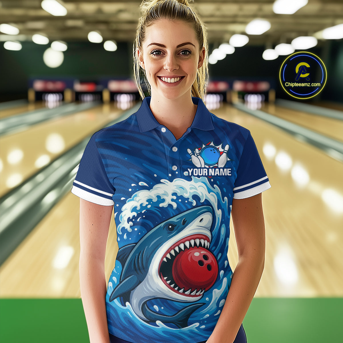Custom Blue Shark Bowling Polo, Quarter Zip Shirts For Women, Shark Bowling Team League Shirt NQS10697