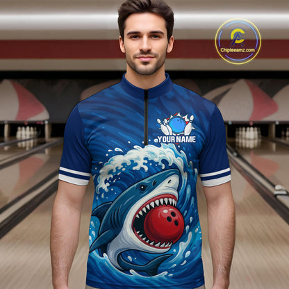 Custom Blue Shark Bowling Polo, Quarter Zip Shirts For Men, Shark Bowling Team League Shirt NQS10697