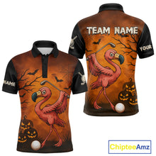 Load image into Gallery viewer, Black and Orange Funny Flamingo Golf Polo Shirt For Men Custom Halloween Golf Attire Golfing Gifts NQS10701