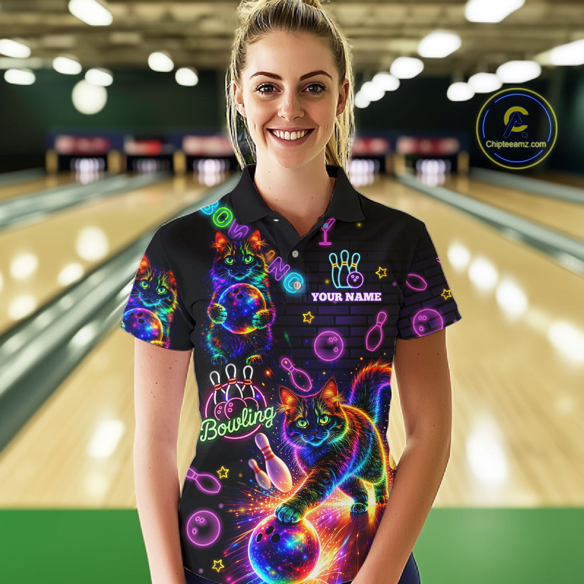 Custom Funny Cat Neon Bowling Jerseys for Ladies Bowling Outfit Polo & 1/4 Zip Bowling Team Shirts NQS11515