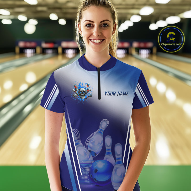 Personalized Blue Gradient Skull Bowling Shirts For Women Custom Bowling Team Jerseys Gift For Bowler NQS11138