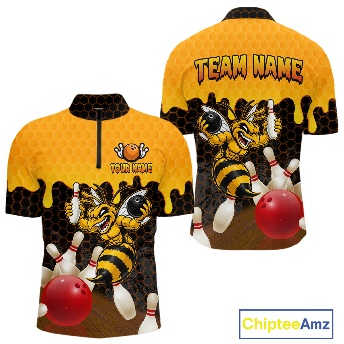 Custom Black and Yellow Honey Pattern Angry Bee Bowling Team Shirts For Men, Bowling League Shirts NQS11705