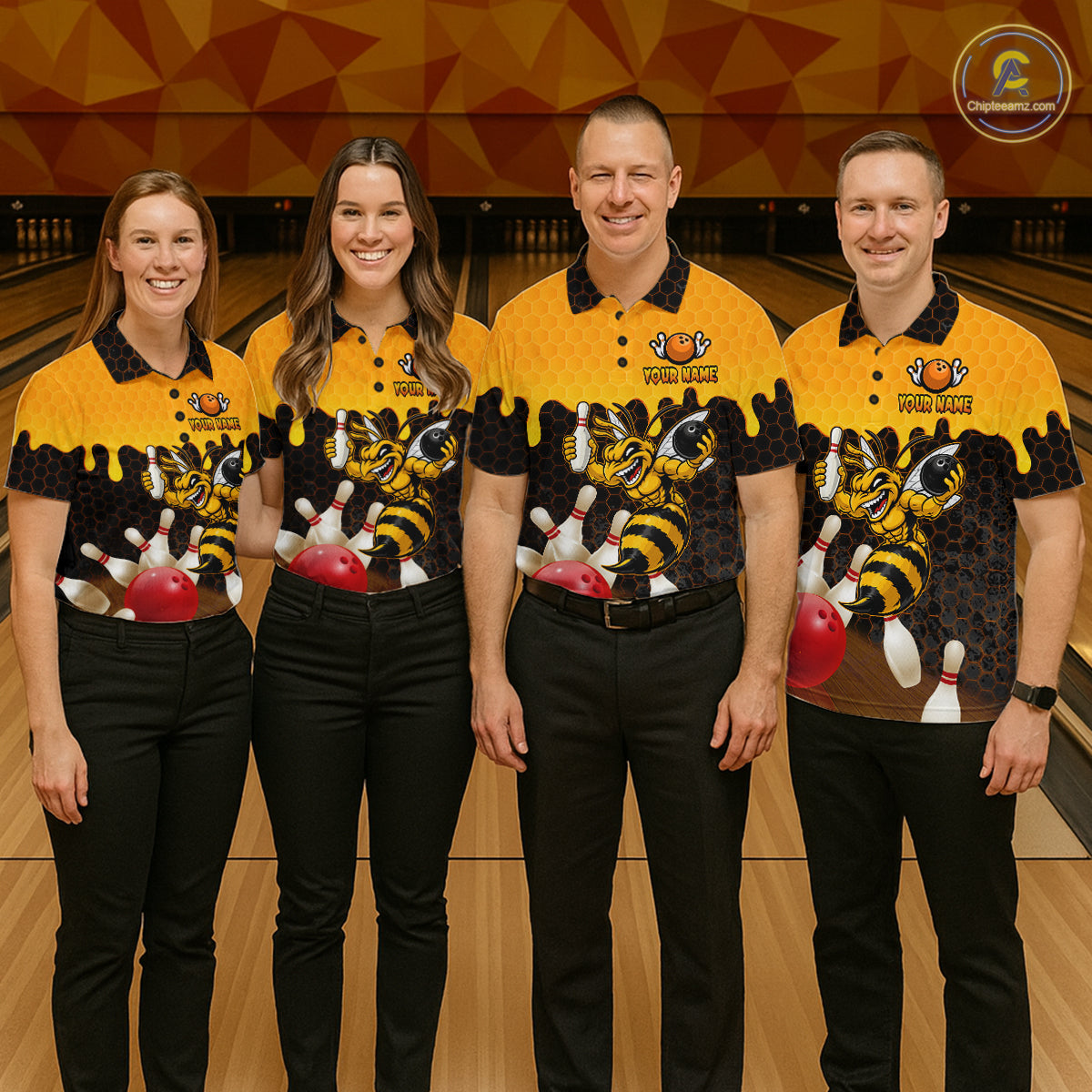 Custom Black and Yellow Honey Pattern Angry Bee Bowling Team Shirts For Men, Bowling League Shirts NQS11705