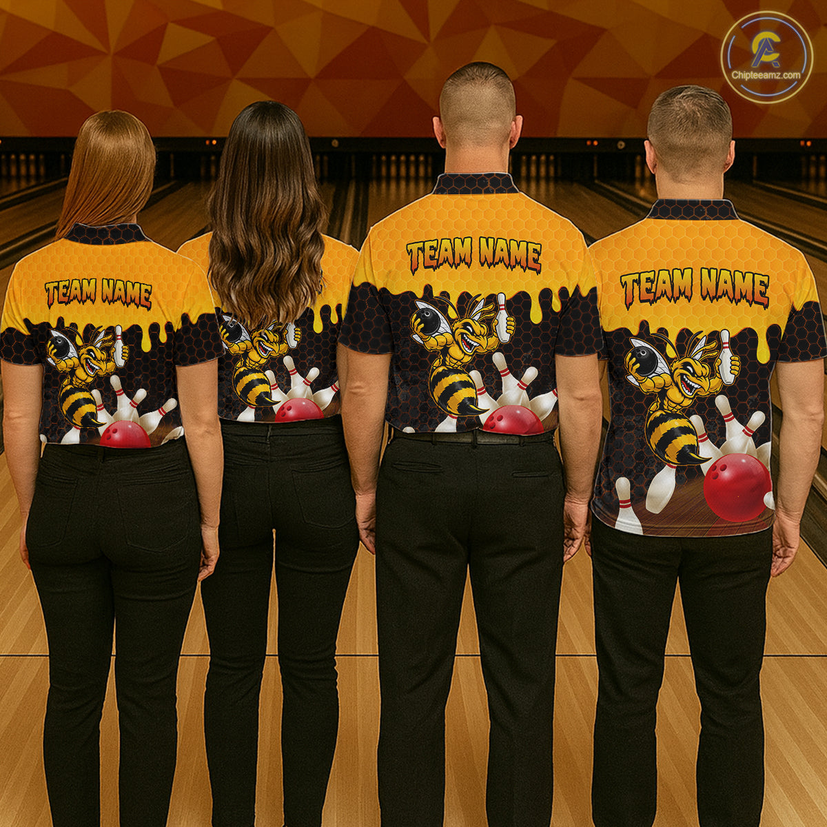 Custom Black and Yellow Honey Pattern Angry Bee Bowling Team Shirts For Men, Bowling League Shirts NQS11705