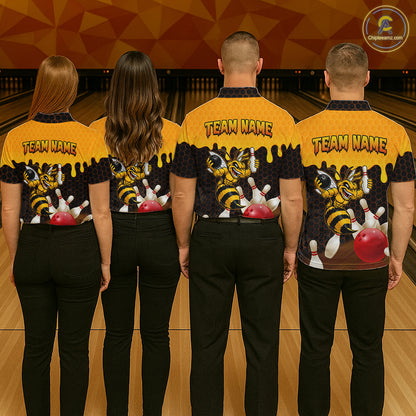 Custom Black and Yellow Honey Pattern Angry Bee Bowling Team Shirts For Men, Bowling League Shirts NQS11705