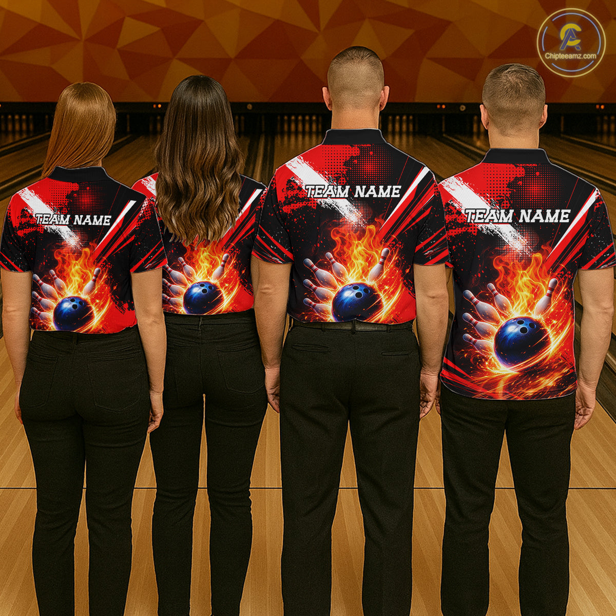 Custom Black and Red Flame Bowling Jersey Bowling Polo, 1/4 Zip Shirts for Men, Team bowling outfit NQS11595