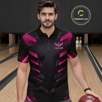 Black and Pink Bowling Polo, Quarter Zip Shirts For Men Custom Team Bowling Jersey, Gift For Bowlers NQS11633