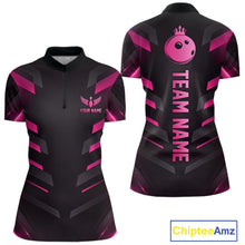Load image into Gallery viewer, Black and Pink Bowling Polo, Quarter Zip Shirts For Women Custom Team Bowling Jersey, Gift For Bowler NQS11633