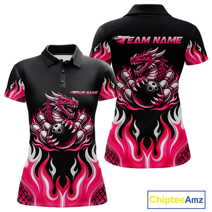 Black and Pink Flame Dragon Bowling Polo, 1/4 Zip Shirts For Women Custom Dragon Bowling Team Jerseys NQS11733