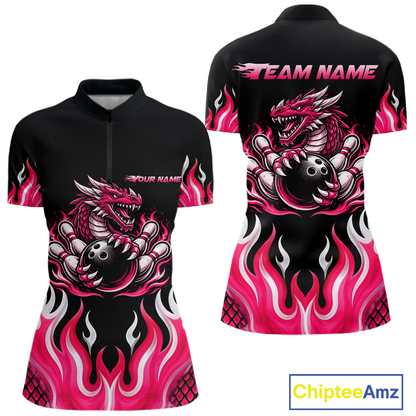 Black and Pink Flame Dragon Bowling Polo, 1/4 Zip Shirts For Women Custom Dragon Bowling Team Jerseys NQS11733