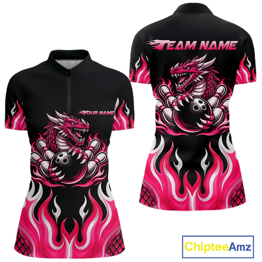Black and Pink Flame Dragon Bowling Polo, 1/4 Zip Shirts For Women Custom Dragon Bowling Team Jerseys NQS11733
