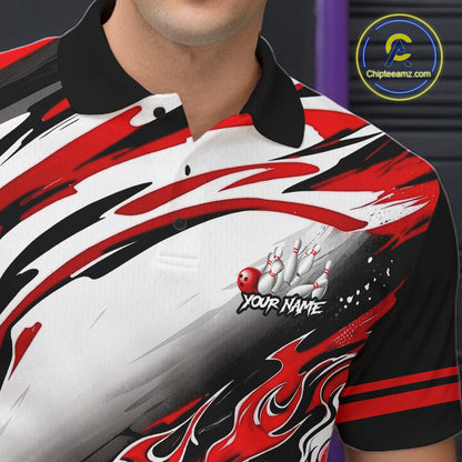 Red Flame Bowling Polo, Quarter Zip Shirts For Men Custom Bowling Team Jerseys, Gift For Bowlers NQS11738