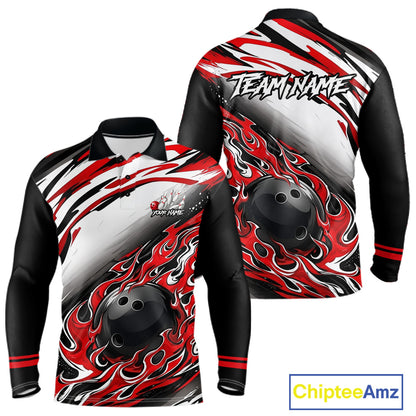 Red Flame Bowling Polo, Quarter Zip Shirts For Men Custom Bowling Team Jerseys, Gift For Bowlers NQS11738