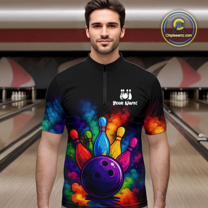 Custom Colorful Smoke Bowling Polo, Quarter Zip Shirt for Men, Bowling Uniform Team Bowling Jerseys NQS10647