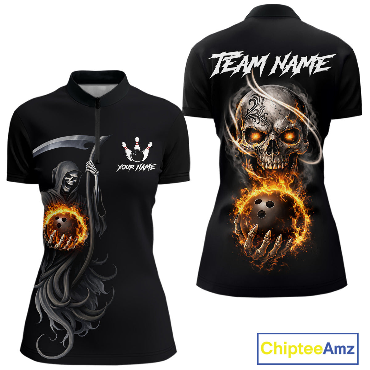 Flame Skull Reaper Bowling Polo, Quarter Zip Shirts For Women Custom Bowling Team Jerseys | Black NQS11745