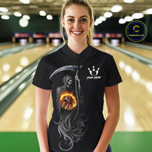 Load image into Gallery viewer, Flame Skull Reaper Bowling Polo, Quarter Zip Shirts For Women Custom Bowling Team Jerseys | Black NQS11745