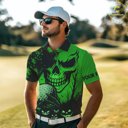 Custom Skull Golf Polo Shirts For Men Halloween Golf Outfits, personalized golf gifts | Green NQS10660