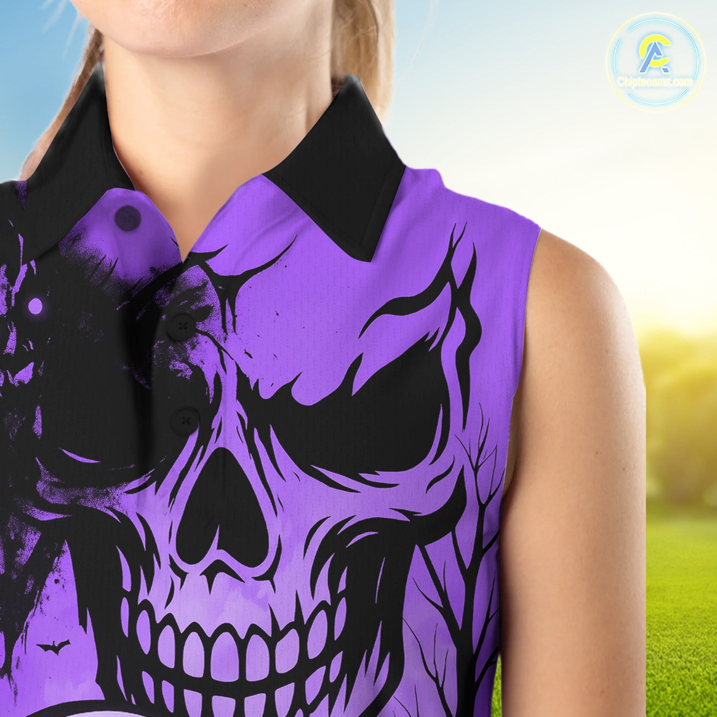 Skull Women's Sleeveless Polo Shirt Halloween Golf Outfits, Halloween golf gifts | Purple NQS10661