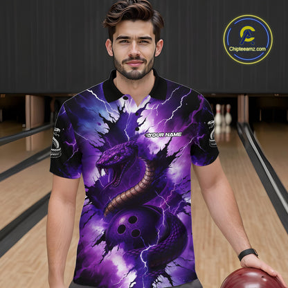 Custom Black And Purple Thunder Lightning Cobra Snake Bowling Men Polo, Quarter Zip Shirts For Team NQS10670