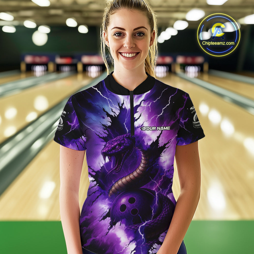 Custom Black And Purple Thunder Lightning Cobra Snake Bowling Women Polo, Quarter Zip Shirts For Team NQS10670