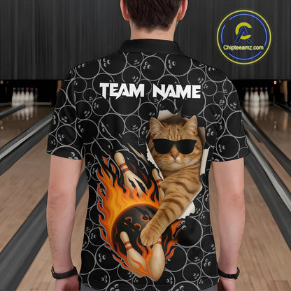 Custom Funny Cat Bowling shirts for men, black camo flame cool bowling uniform for team bowlers NQS11074