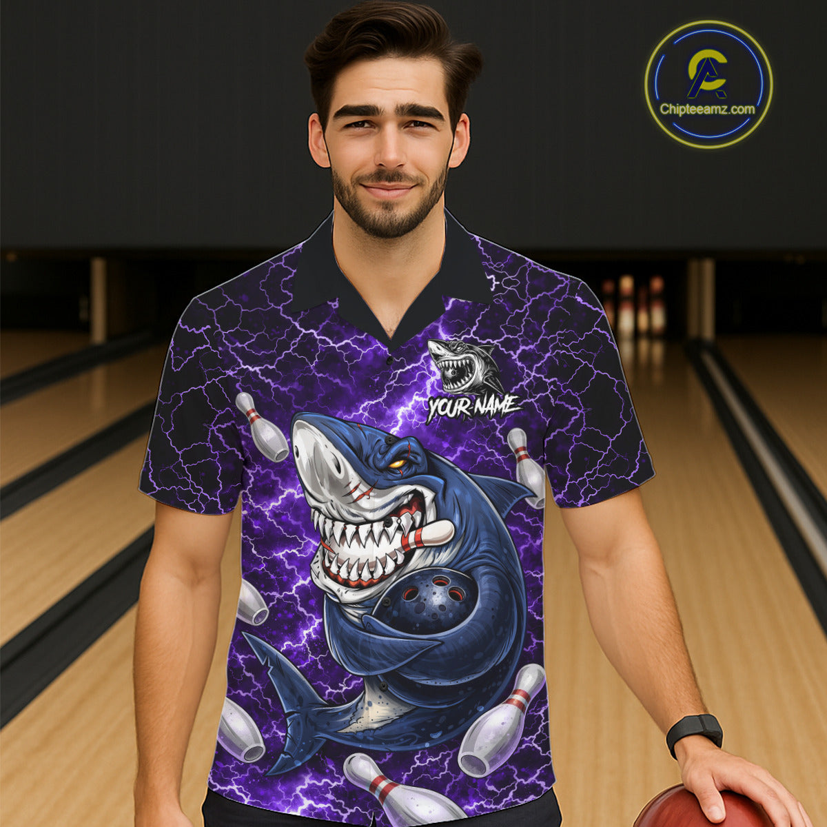 Purple Lightning Thunder Angry Shark Bowling button-up shirts Custom Shark Hawaiian Bowling Jersey NQS11757