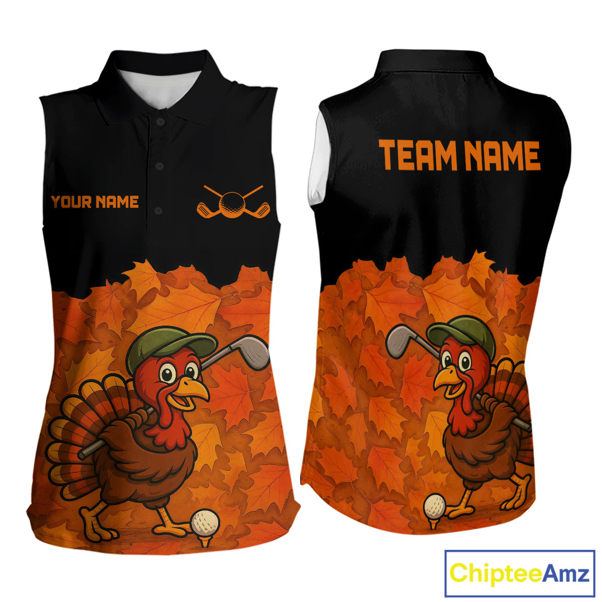 Black and Orange Autumn Leaf Custom Turkey Women Sleeveless Golf Polo Shirt, Thanksgiving Golf Attire NQS10700