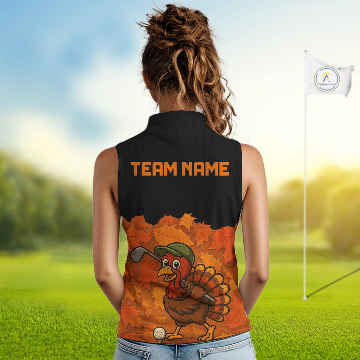 Black and Orange Autumn Leaf Custom Turkey Women Sleeveless Golf Polo Shirt, Thanksgiving Golf Attire NQS10700