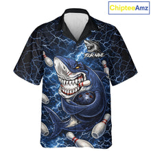 Load image into Gallery viewer, Blue Lightning Thunder Angry Shark Bowling button-up shirts Custom Shark Hawaiian Bowling Team Jersey NQS11539