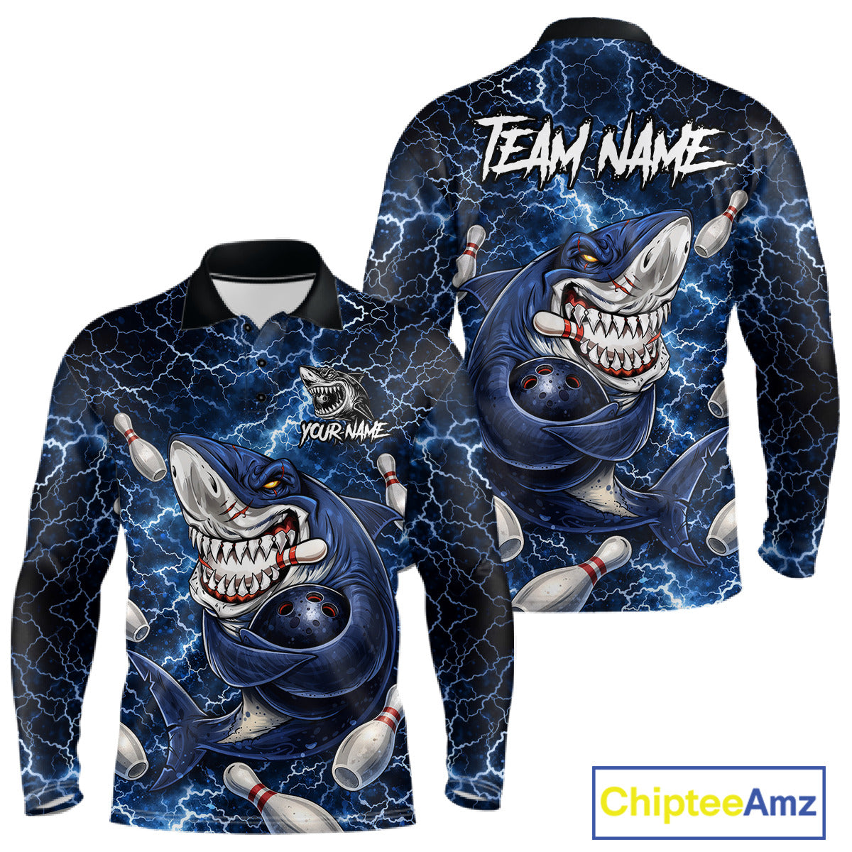 Blue Lightning Thunder Angry Shark Bowling shirts For Men Custom Shark Bowling Team Jerseys NQS11539