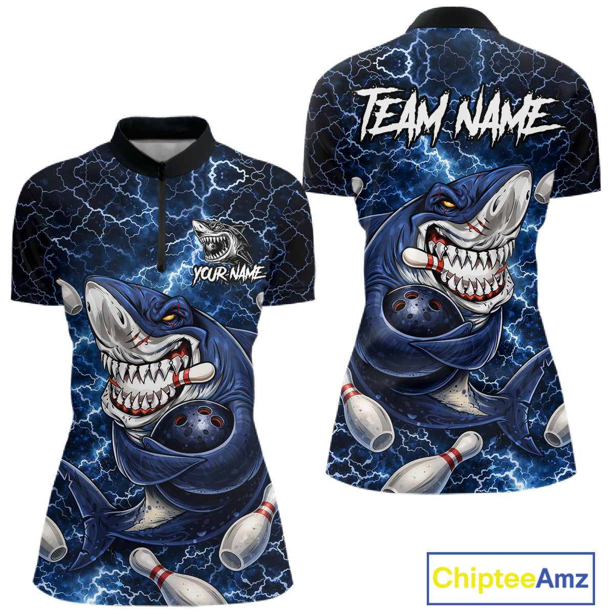 Blue Lightning Thunder Angry Shark Bowling shirts For Women Custom Shark Bowling Team Jerseys NQS11539
