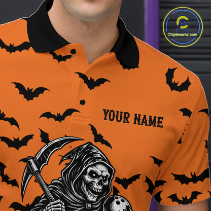 Black and Orange Bats Halloween Skull Reaper Bowling Shirts For Men Custom Bowling Team Jerseys NQS10755