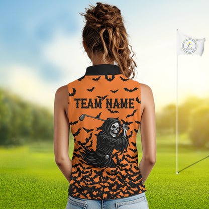 Black and Orange Bats Halloween Skull Reaper Golf Sleeveless Polo Shirt Custom ladies golf top NQS10756