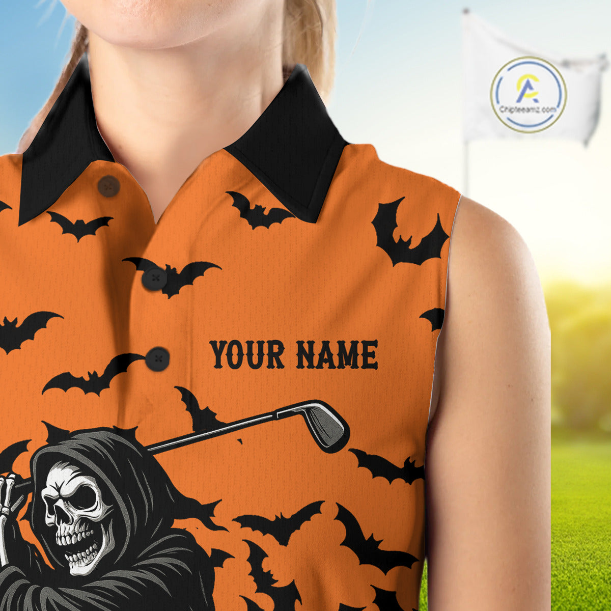 Black and Orange Bats Halloween Skull Reaper Golf Sleeveless Polo Shirt Custom ladies golf top NQS10756