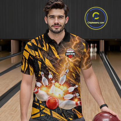 Black and Yellow Camo Lightning Thunder Bowling Shirts For Men Custom Bowling Team Jerseys NQS11153