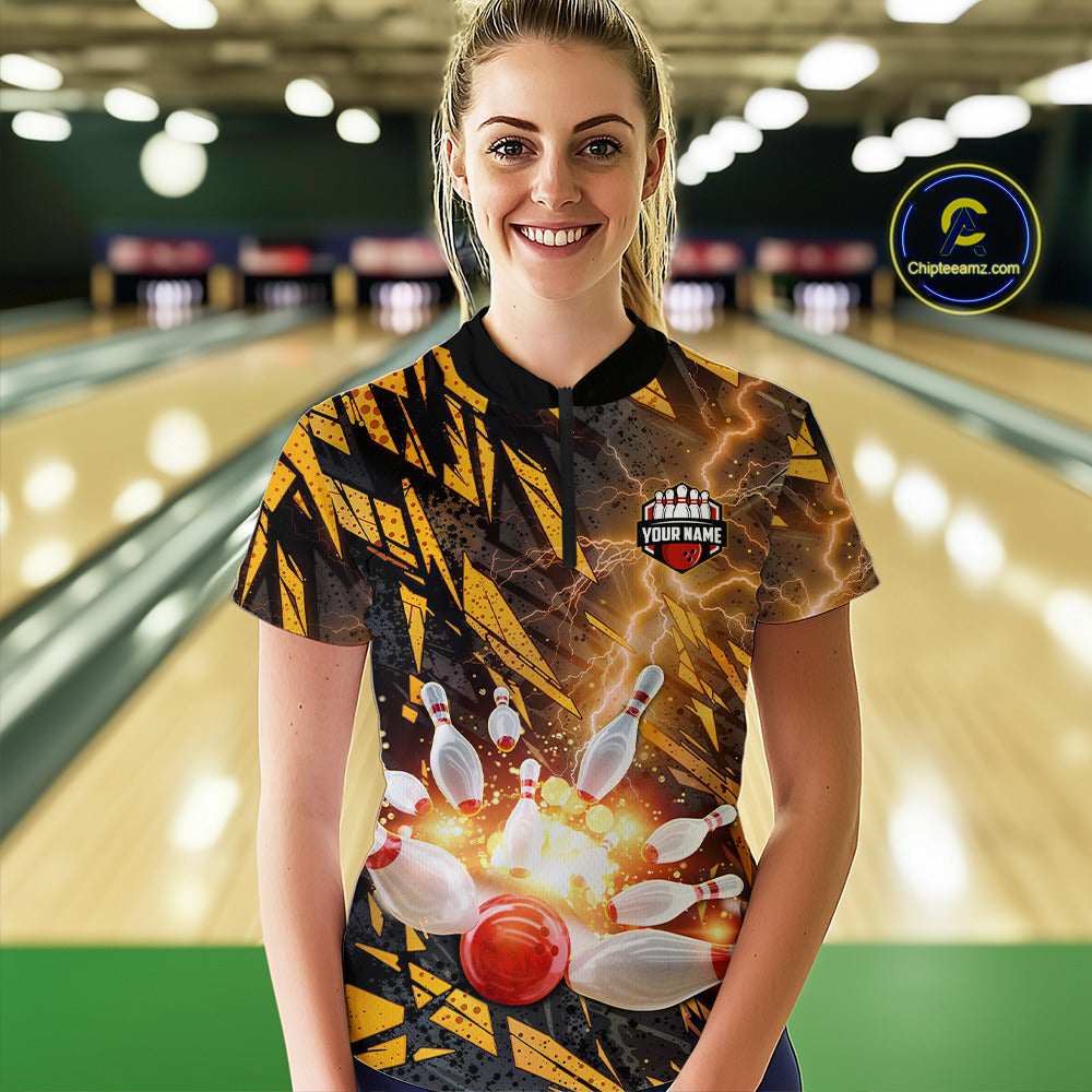 Black and Yellow Camo Lightning Thunder Bowling Shirts For Women Custom Bowling Team Jerseys NQS11153