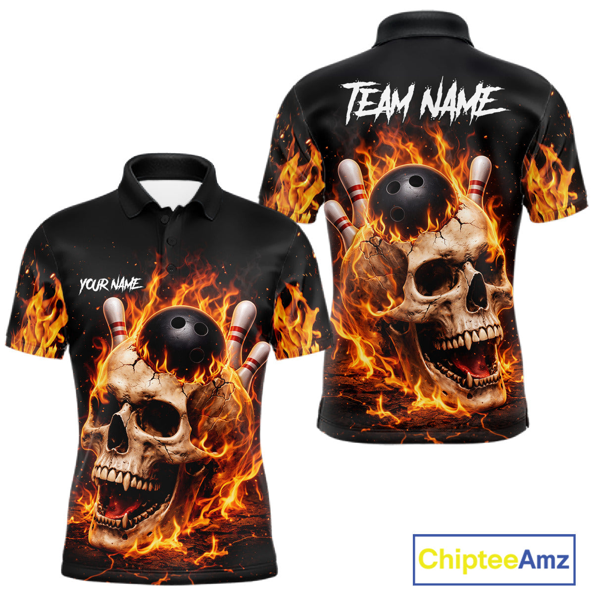 Flame Skull Bowling Polo, 1/4 zip shirts for men custom Skull team Bowling uniforms league jerseys NQS11577