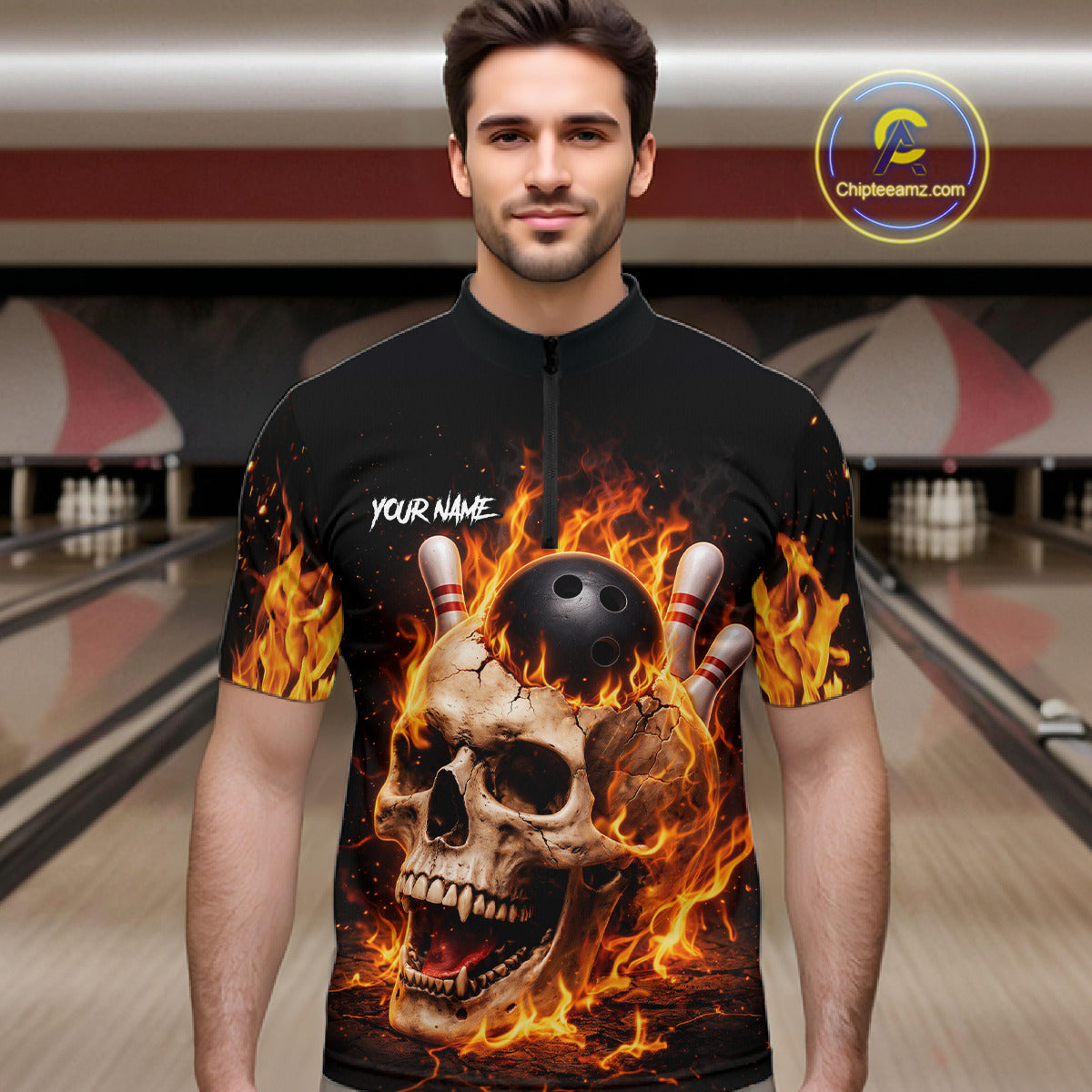 Flame Skull Bowling Polo, 1/4 zip shirts for men custom Skull team Bowling uniforms league jerseys NQS11577