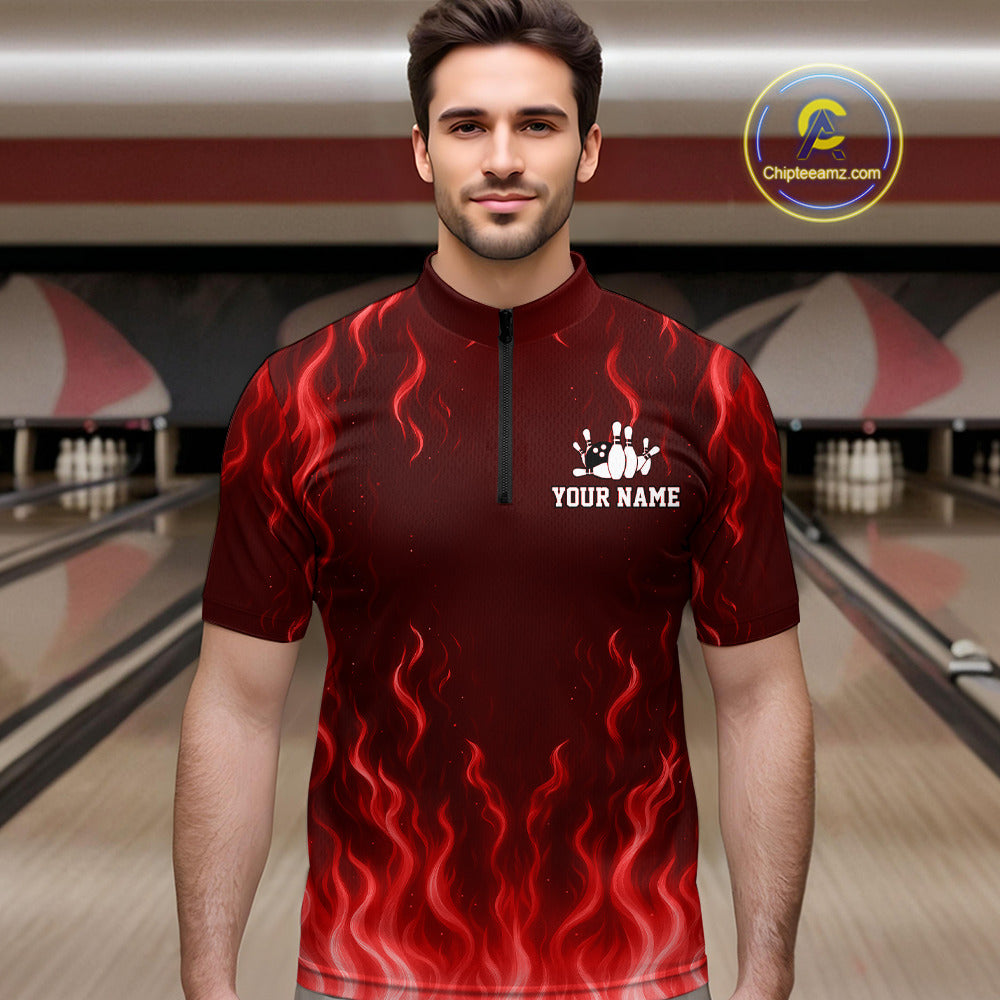 Red flame lightning thunder Bowling polo, quarter zip shirts for men custom Bowling team jerseys NQS10979