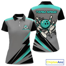 Load image into Gallery viewer, Personalized Gray and Turquoise Bowling Team Shirts For Women Custom Bowling Polo, Quarter Zip Shirts NQS10822