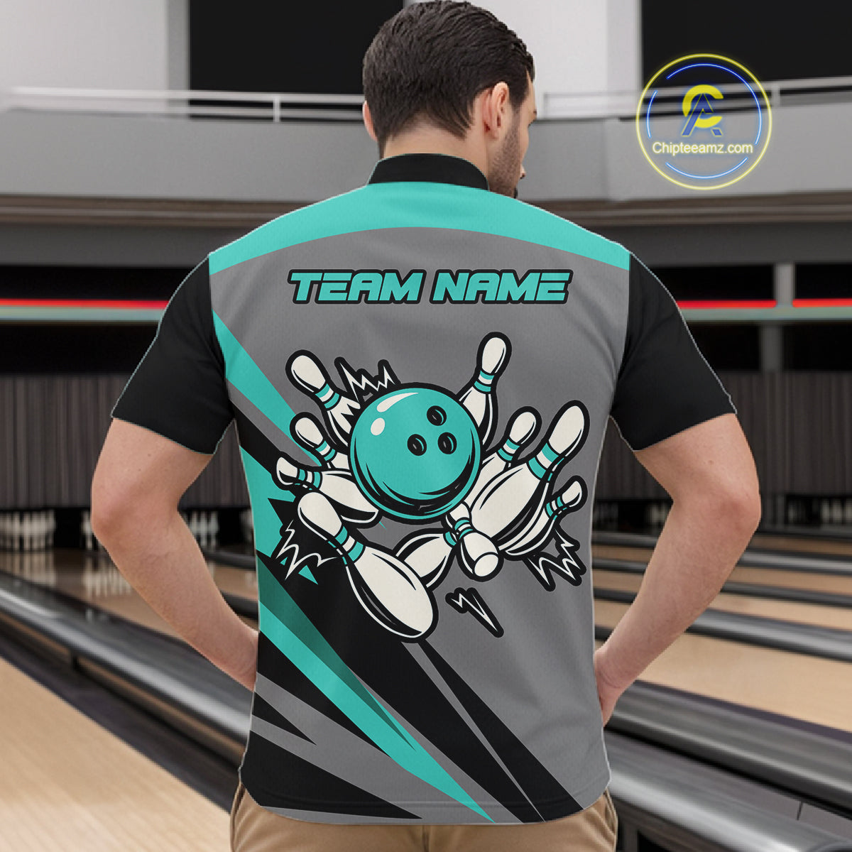 Personalized Gray and Turquoise Bowling Team Shirts For Men Custom Bowling Polo, Quarter Zip Shirts NQS10822